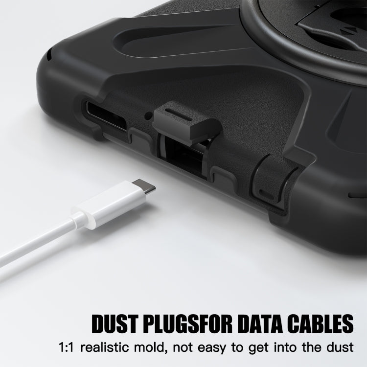 Samsung Galaxy Tab A9+ case featuring a rotary handle, pen slot, and shoulder strap for enhanced portability and protection.